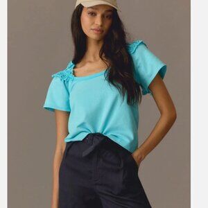 Anthropologie Pilcro Turquoise Eyelet Ruffle Blouse XL NWT
